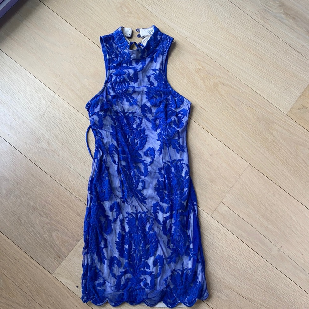 Blue Lace and Tan Bodycon Dress